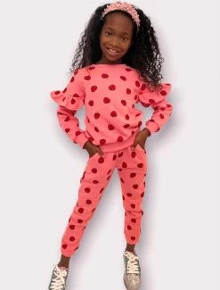 Womens Strawberry Ruffle Joggers Set -Lola + The Boys apparel accessories womens strawberry ruffle joggers set lola the boys 29363958546534