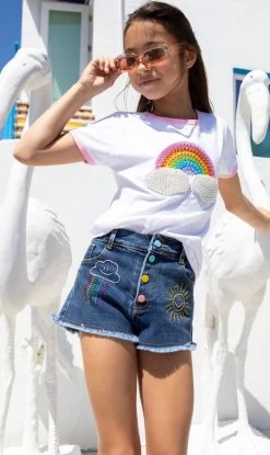 Embroidered Rainbow Denim Shorts -Lola + The Boys bottoms embroidered rainbow denim shorts lola the boys 28804373250150