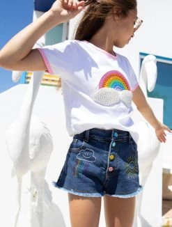 Embroidered Rainbow Denim Shorts -Lola + The Boys bottoms embroidered rainbow denim shorts lola the boys 28804373577830