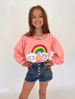 Embroidered Rainbow Denim Shorts -Lola + The Boys bottoms embroidered rainbow denim shorts lola the boys 28894362304614