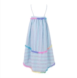St. Barths Blue Rainbow High Low Dress -Lola + The Boys dress st barths blue rainbow pom pom high low dress lola the boys 28310171779174