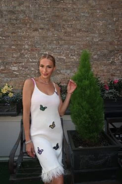 Women's Crystal Butterfly Feather Trims Dress -Lola + The Boys dress women s crystal butterfly feather trims dress lola the boys 29648638738534