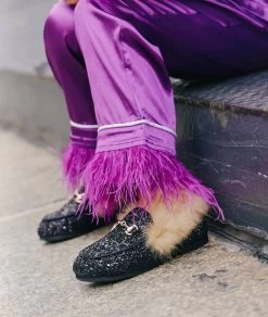 Black Glitter Fur Loafers