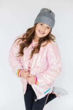 Powder Puff Pink Sequin Bomber -Lola + The Boys jackets bombers powder puff pink sequin bomber lola the boys 28345337348198