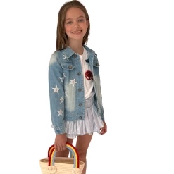 Star Leather Patched Denim Jacket -Lola + The Boys jackets bombers star leather patched denim jacket lola the boys 28923713978470