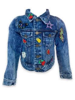 Women's Beaded Crystal Fruit Crop Denim Jacket -Lola + The Boys jackets bombers women s beaded crystal fruit crop denim jacket lola the boys 29100231688294