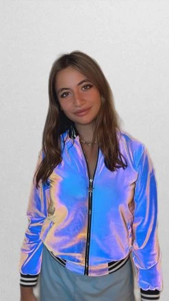 Women's Hologram Reflective Bomber 17 Women's Hologram Reflective Bomber -Lola + The Boys jackets bombers women s hologram reflective bomber lola the boys 28311444848742