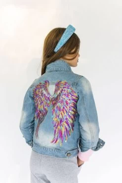 Women's Neon Angel Wings Denim Jacket -Lola + The Boys jackets bombers women s neon angel wings denim jacket lola the boys 29100739035238