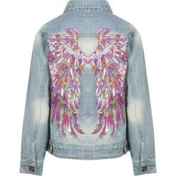 Women's Neon Angel Wings Denim Jacket -Lola + The Boys jackets bombers women s neon angel wings denim jacket lola the boys 29618815434854