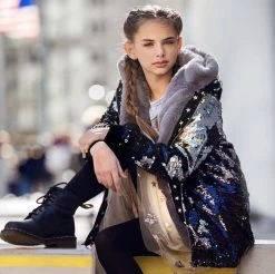 Sequin Faux Fur Parka -Lola + The Boys parkas furs black sequin parka lola the boys 12731329708080