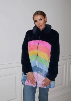 Womens Rainbow Faux Fur Midi Coat