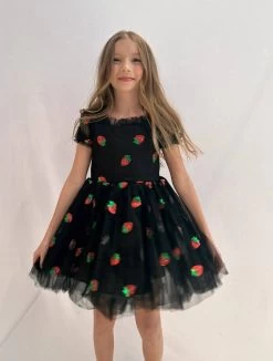 Black Sequin Strawberry Tulle Dress -Lola + The Boys sequin strawberries tulle dress lola the boys 29316530503782