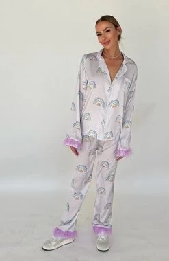 Women's Rainbow Feather Silky Pajamas -Lola + The Boys women s rainbow feather silky pajamas lola the boys 29609786507366