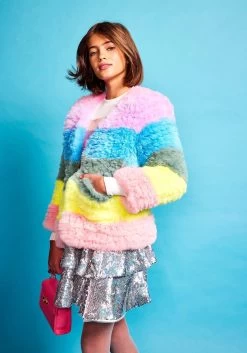 Womens Rainbow Candy Striped Fur Jacket -Lola + The Boys womens rainbow candy striped fur jacket lola the boys 29505252032614