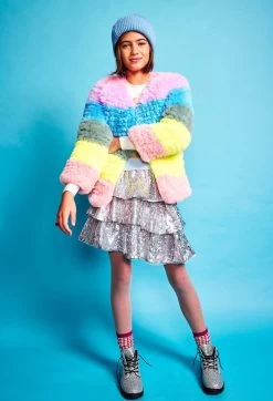 Womens Rainbow Candy Striped Fur Jacket -Lola + The Boys womens rainbow candy striped fur jacket lola the boys 29505252065382